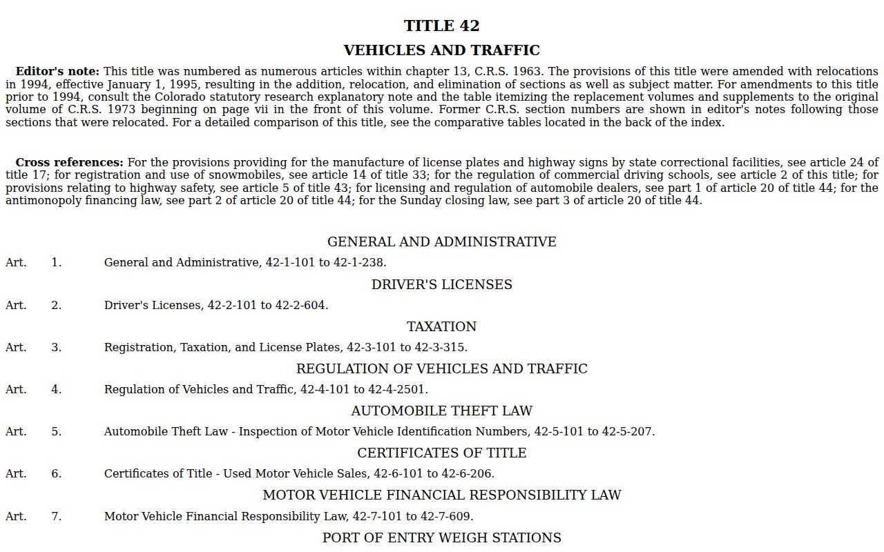 Lincoln County traffic warrant law in Colorado Title 42